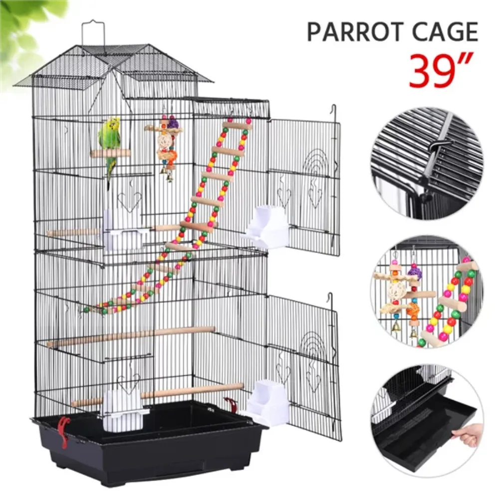 SMILE MART 39" Metal Bird Cage - with Perches and Toys Black bird nest bird hammock