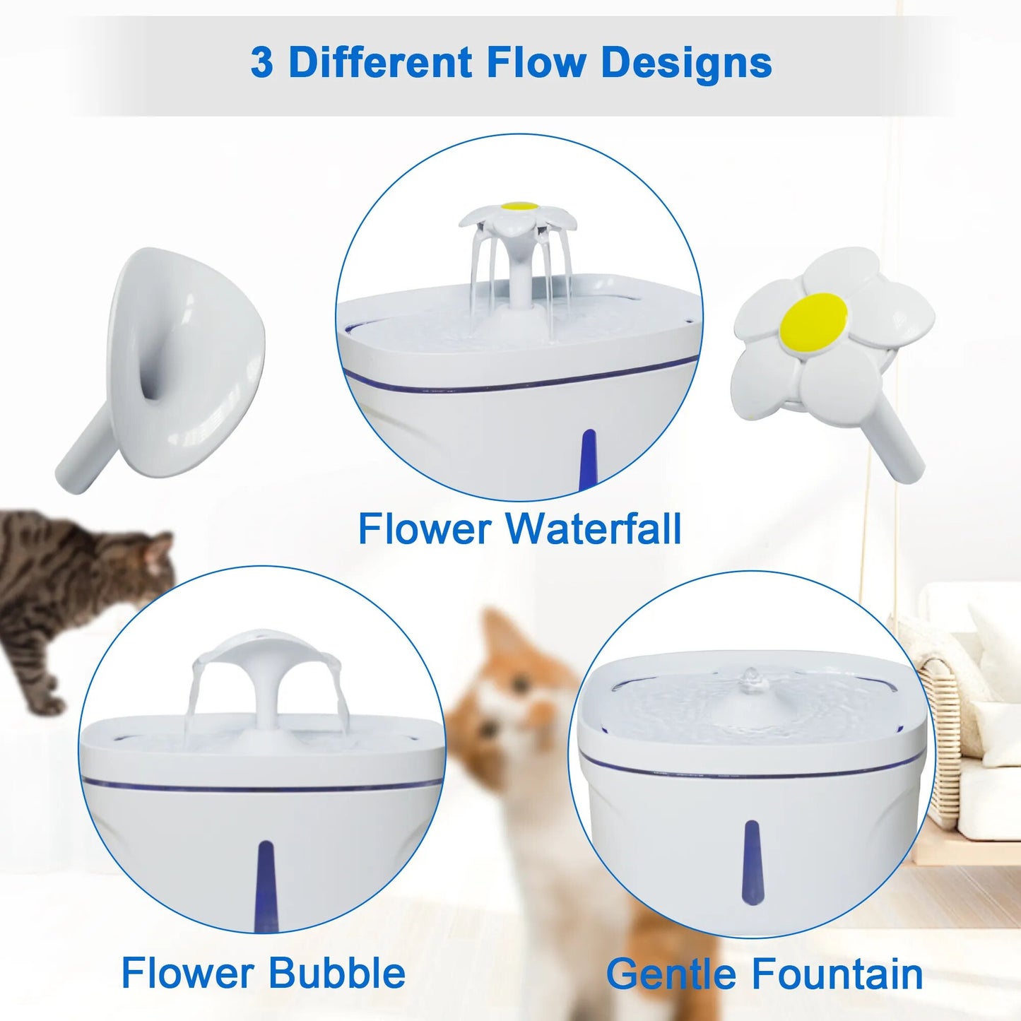 Cat Water Fountain - 84oz/2.5L Large Capacity, Ultra Quiet , 2 Replacement Filters Dispenser, 3 Flow Design, Multiple Pets
