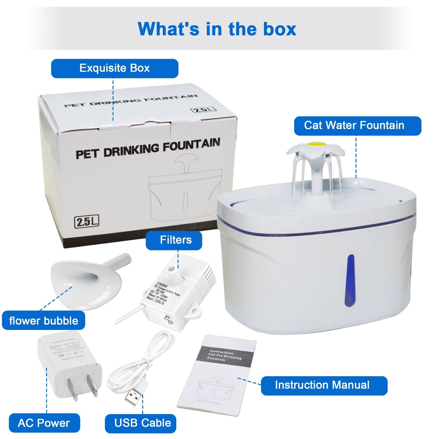 Cat Water Fountain - 84oz/2.5L Large Capacity, Ultra Quiet , 2 Replacement Filters Dispenser, 3 Flow Design, Multiple Pets