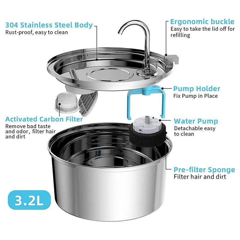 Intelligent Stainless Steel 3.2L Cat Water Fountain - Automatic Drinker For Cats Feeder Pet Water Dispenser Drinking Fountain For Cats