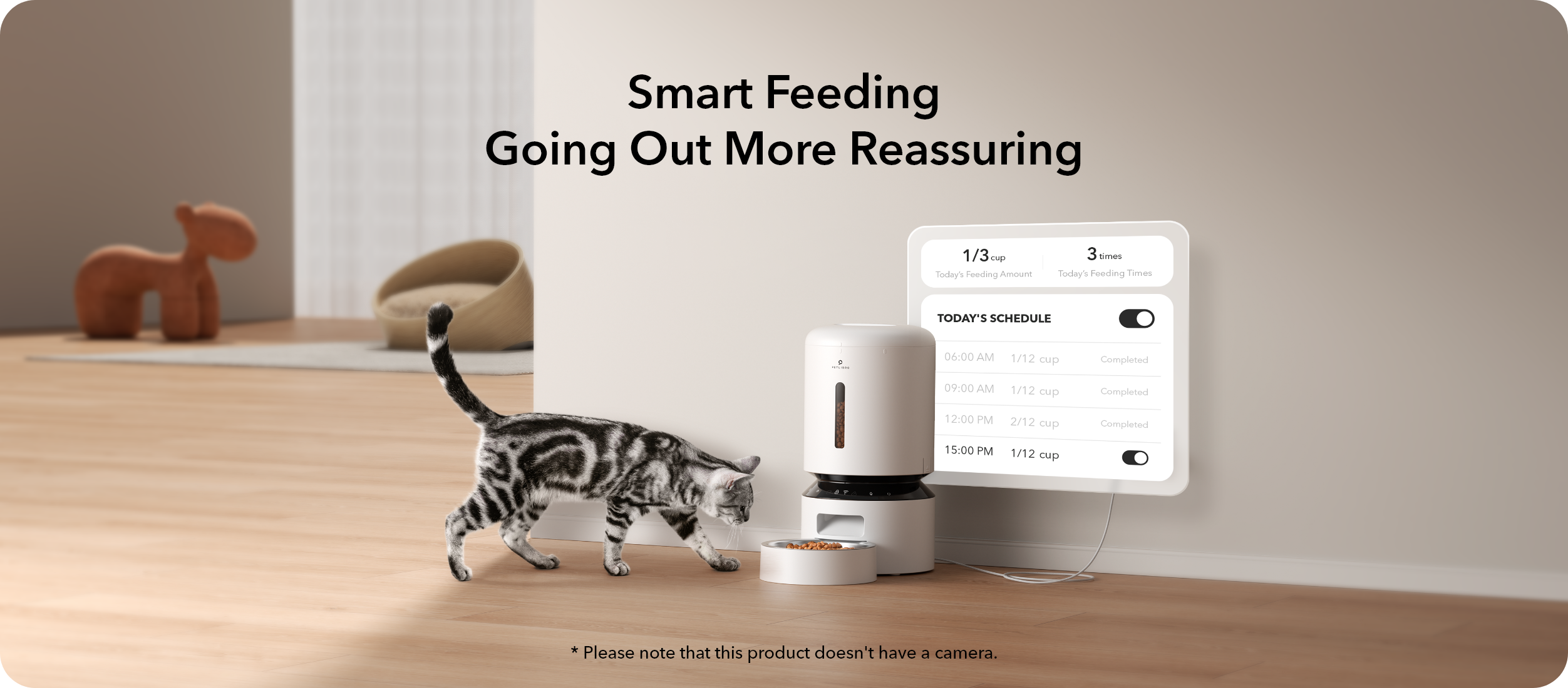 PETLIBRO 5L 5G WiFi Automatic Cat / Dog Feeder, Feeding schedule for pets: three meals a day, 1/3 cup each at 6am, 9am, and 12pm.