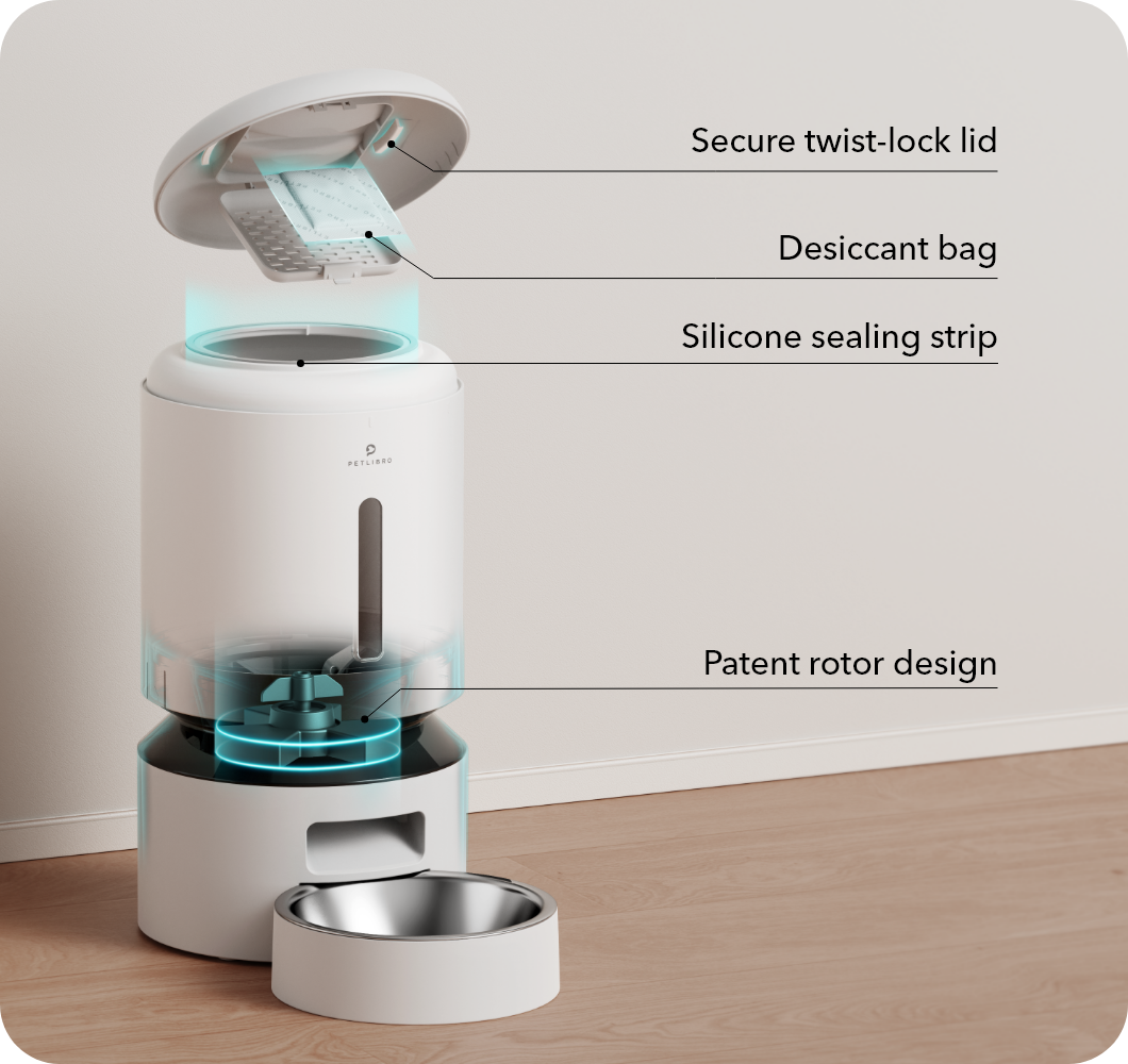 PETLIBRO 5L 5G WiFi Automatic Cat / Dog Feeder, Patented design with silicone seal and desiccant keeps food fresh and clean.