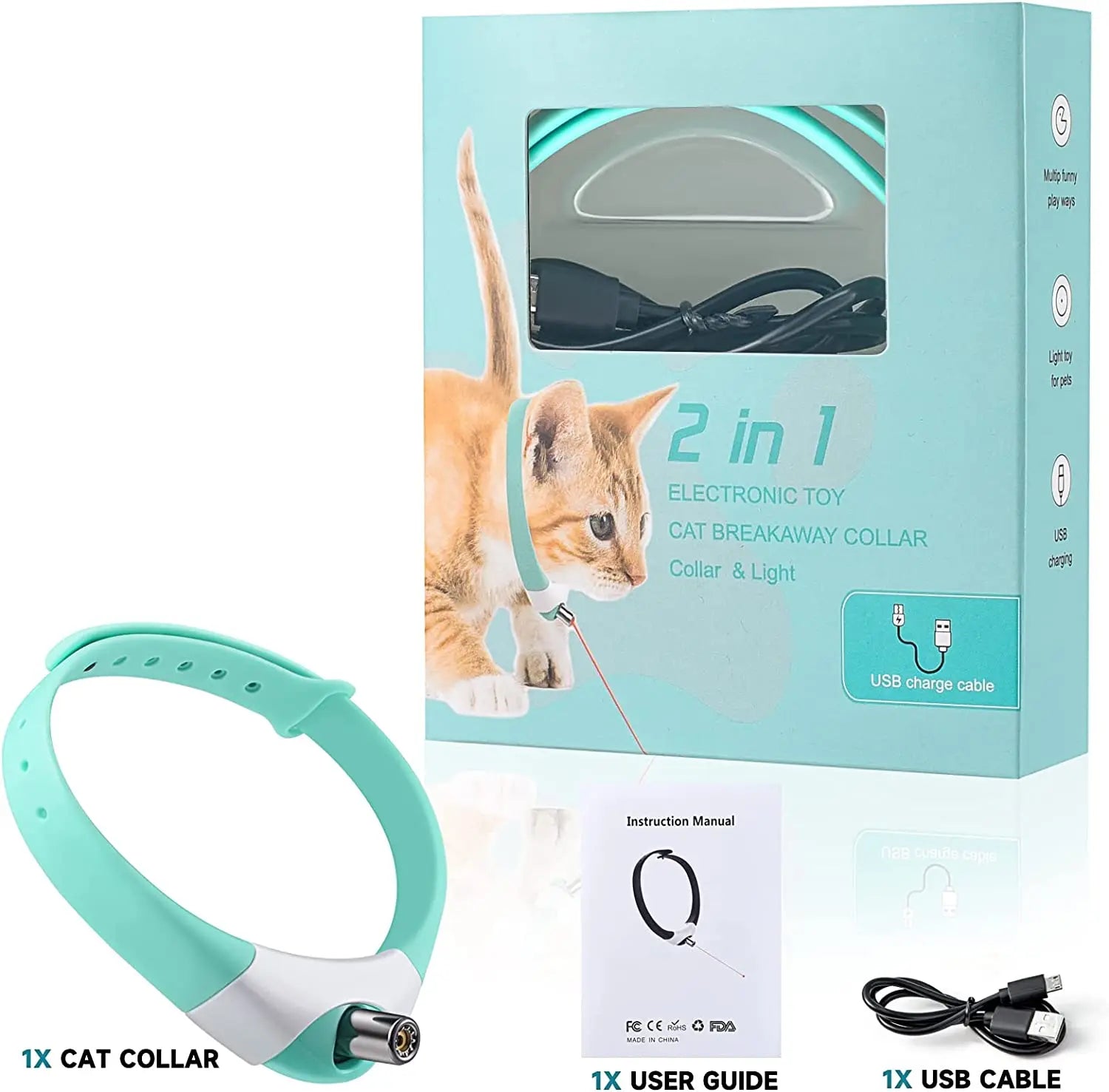 Wearable Cat laser Toy, Electronic cat collar with auto-on/off LED light and rechargeable via USB; safe and fun for cats.