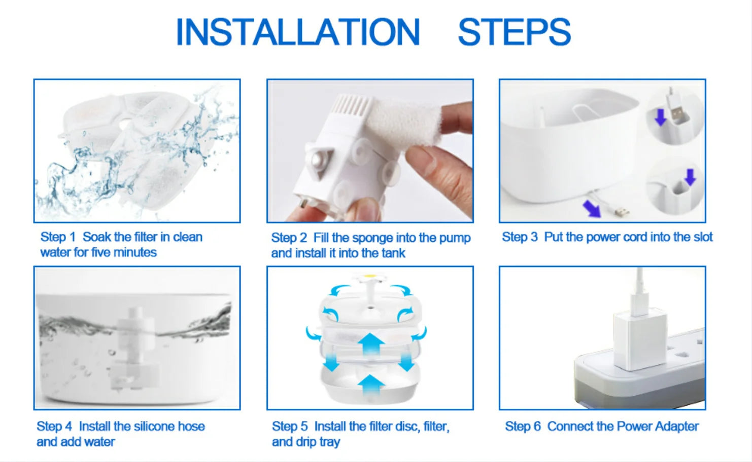 Cat Water Fountain, Easy installation: Soak filter, assemble parts, connect power adapter, fill with water, and drop tray for ready-to-use usage.