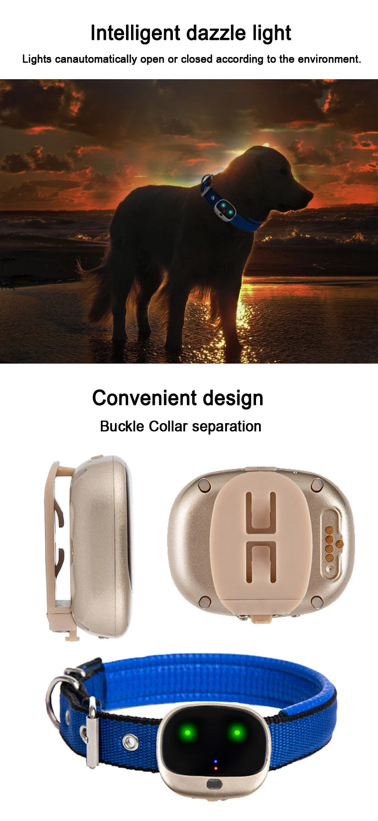 Mini 4G Pet GPS Tracker, Automatically adjusting brightness, easy buckle and separation design make this smart dazzle light a convenient companion.