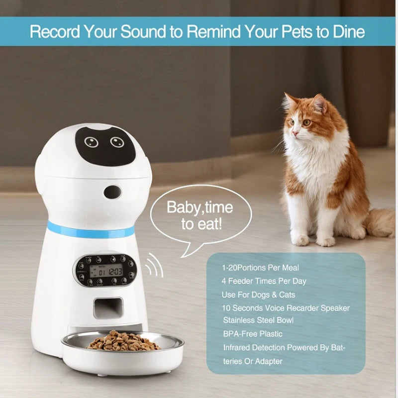 3.5L Automatic Pet Feeder, Automatic pet feeder with voice recorder and infrared detection for convenient, personalized feeding.