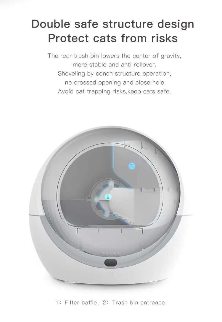Automatic Cat Litter Box, Cat-safe design with low center of gravity and anti-rollover features for safe play.