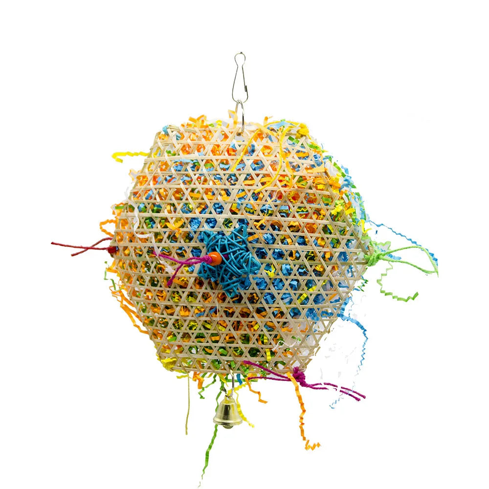 Parrot Shredder, Interactive parrot toy for chewing and foraging, featuring a bell and dry material to reduce biting.