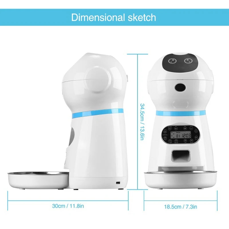 3.5L Automatic Pet Feeder, Compact dimensions: 30.3cm x 18.5cm, perfect for small spaces.