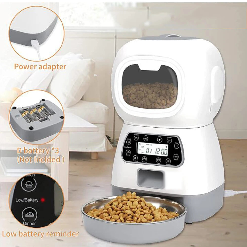 3.5L Automatic Pet Feeder, Smart feeder powered by 3 AA batteries with low battery reminder.