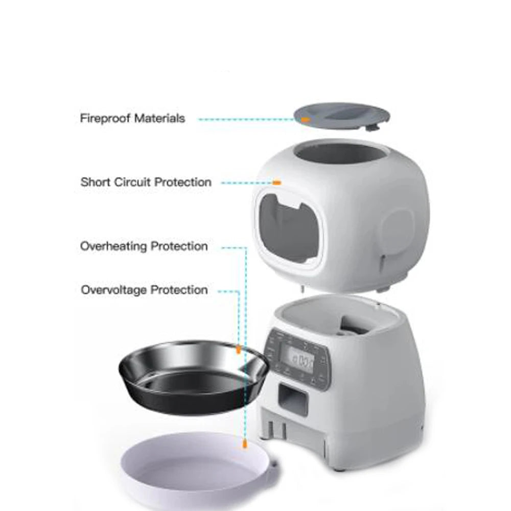 3.5L Automatic Pet Feeder, Reliable automated feeding with safe features: fireproof, short circuit, overheating, and overvoltage protection.