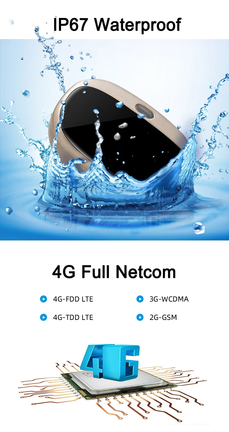 Mini 4G Pet GPS Tracker, IP67-rated wireless module for underwater use, supporting 4G, LTE, WCDMA, and GSM networks.