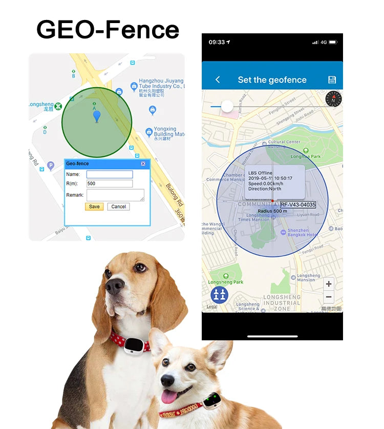 Mini 4G Pet GPS Tracker, Portable, waterproof GPS tracker for pets with dazzling lights and features like geo-fencing and low battery alarms.