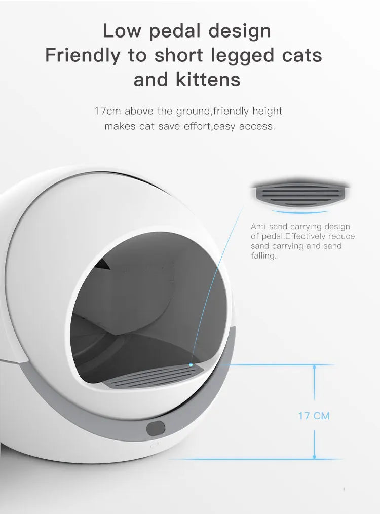 Automatic Cat Litter Box, Low-pedestal design for short-legged cats and kittens, anti-sand feature for easy use.