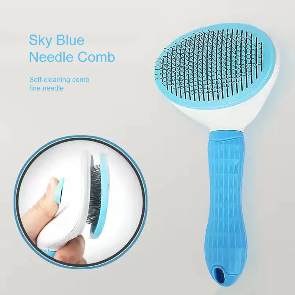 Pet Dog Hair Brush, Fine-tuned blue comb for precise grooming and self-cleaning design for easy maintenance.