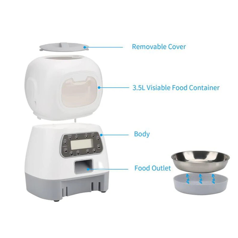 3.5L Automatic Pet Feeder, Visible food container with 3.5L capacity and removable lid for easy cleaning.