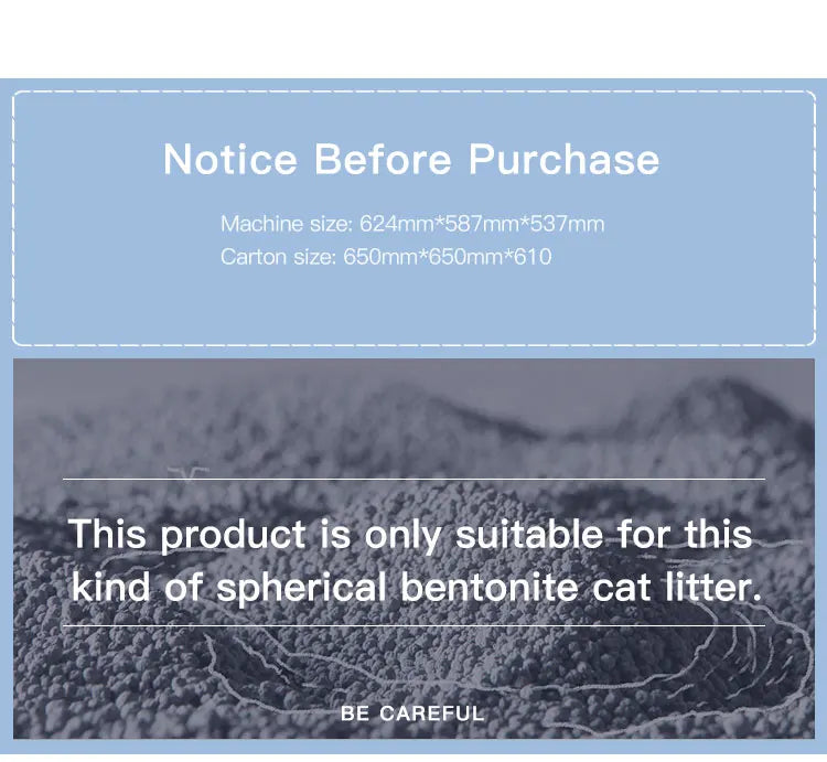 Automatic Cat Litter Box, Requires spherical bentonite cat litter, not included; measures 62-65 cm high and wide.