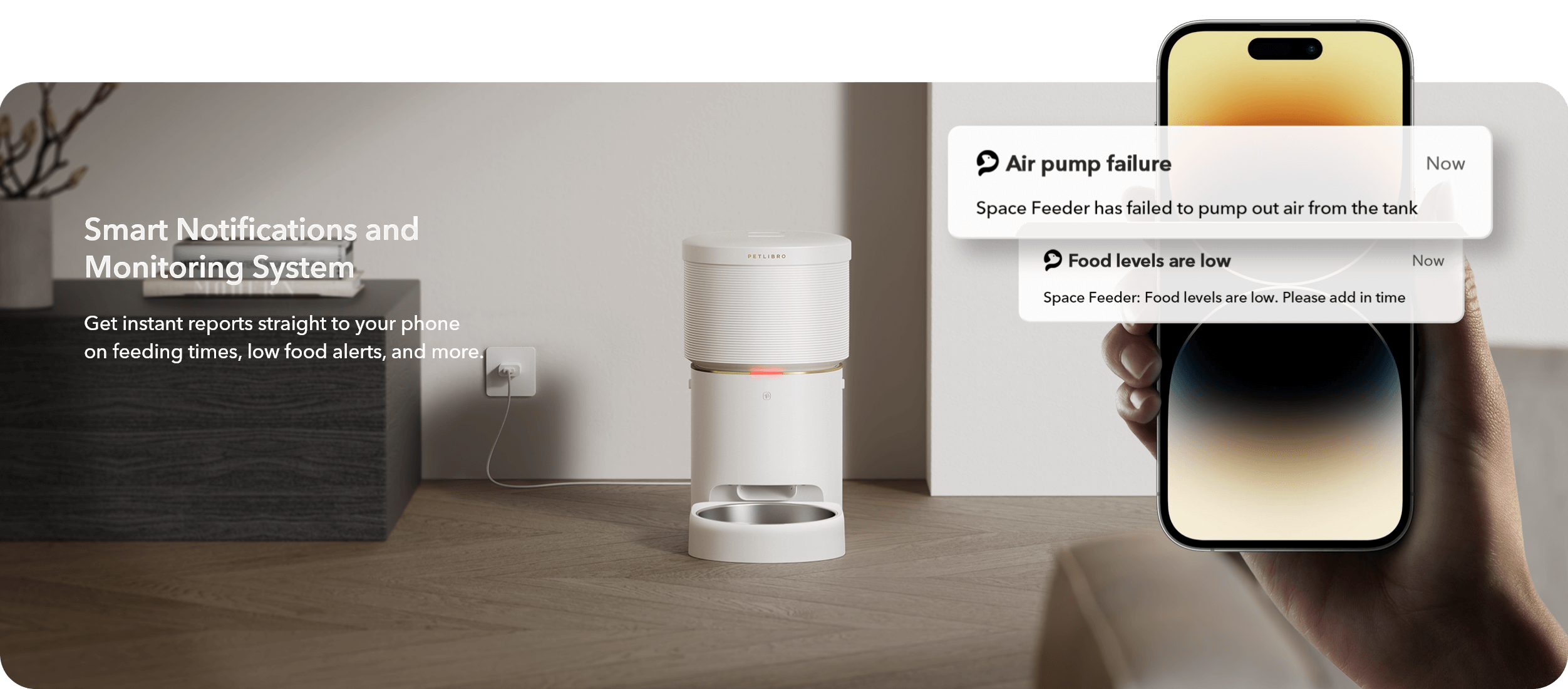 PETLIBRO Vacuum-Sealed Automatic Cat Feeder, Detect air pump failure and low food levels instantly on your phone with Petlibro's monitoring system.