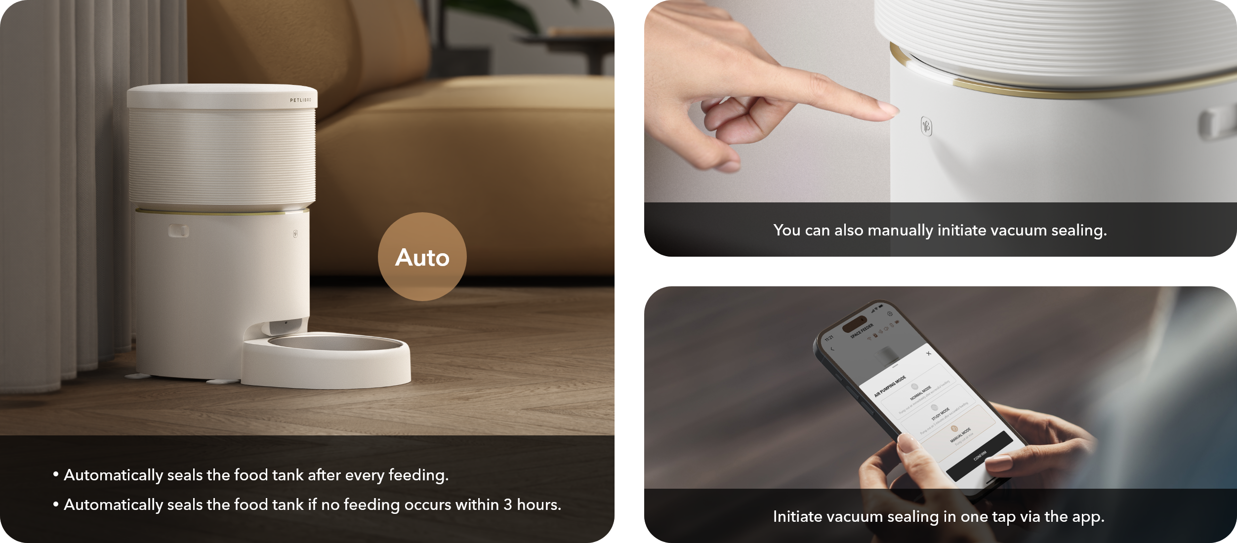 PETLIBRO Vacuum-Sealed Automatic Cat Feeder, Vacuum seal initiated by feeder, app, or manual mode for customizable settings.