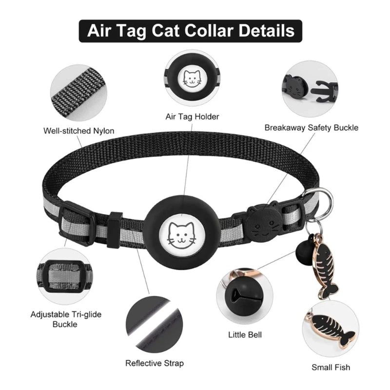 Reflective Cats Collar, Adjustable nylon collar with reflective features, breakaway buckle, and air holder for safe and visible walking.