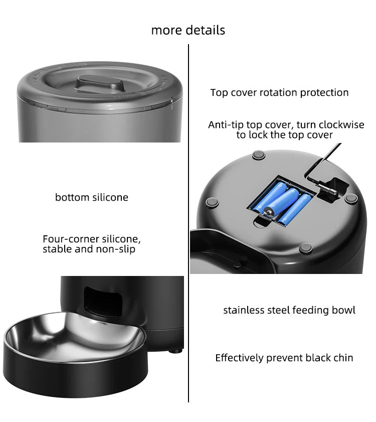 Tuya Smart WiFi 4L Pet Feeder, Pet feeding system with anti-tip design, silicone stabilization, and stainless steel bowl prevents spills and messes.
