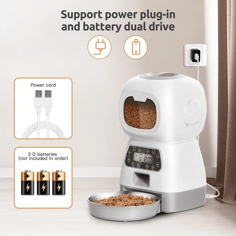 3L Automatic Cat Feeder, Portable power source with plug-in option and battery backup.