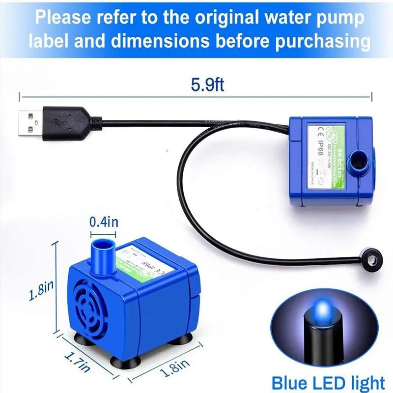 Water Pump LED Light Pet Cat Water Fountain, Measure original pump size (5.9ft x 8 x 0.4in) before buying this blue LED-lit water fountain.