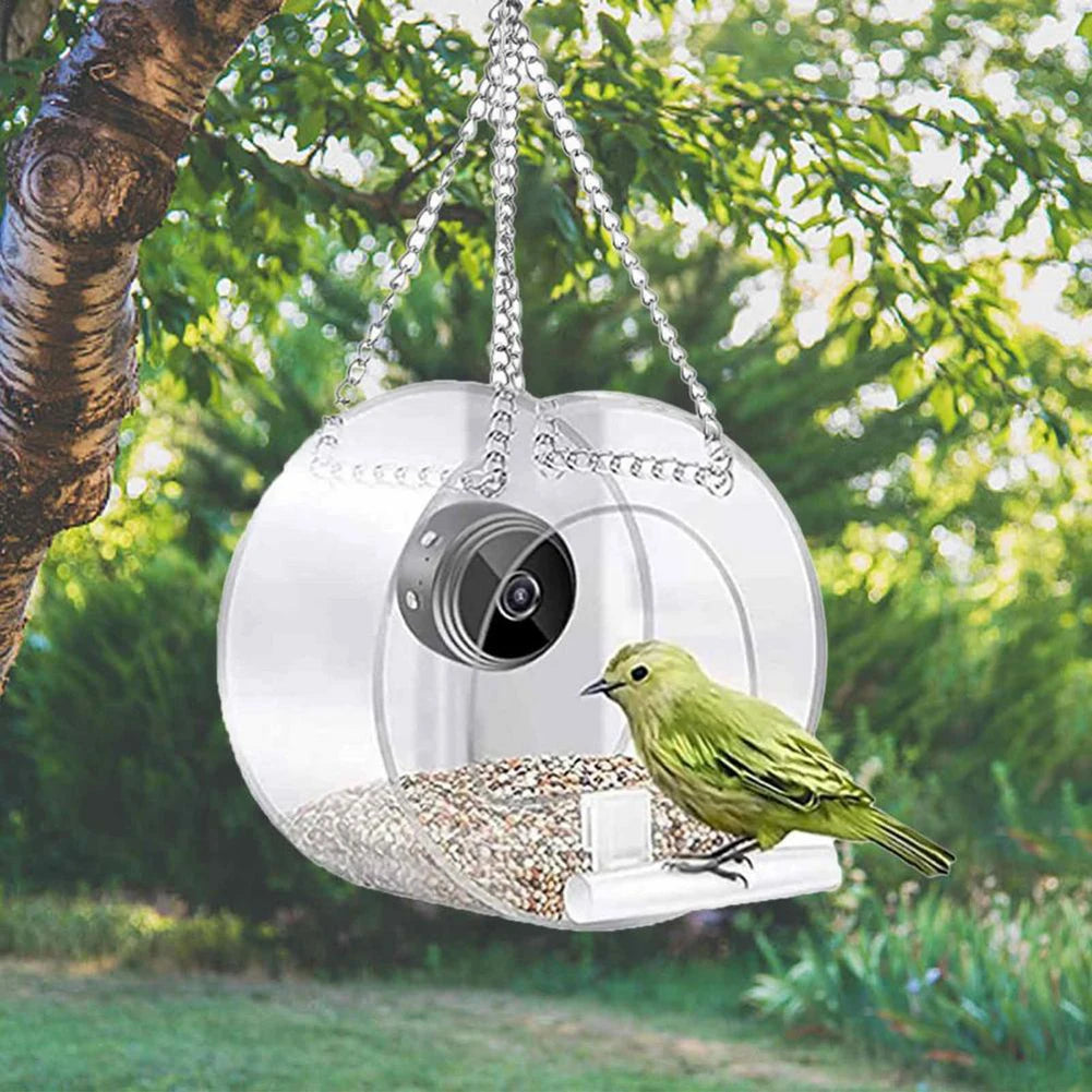 Smart Bird House, Outdoor bird feeder with camera and acrylic design for easy installation and monitoring.