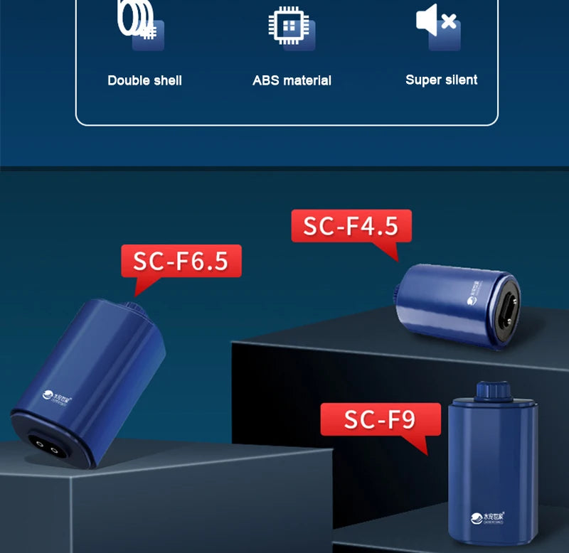 Silent Aquarium Oxygen Air Pump, Silent fan with double-shelled ABS construction, available in three sizes: SC-F4.5, SC-F6.5, and SC-F9.