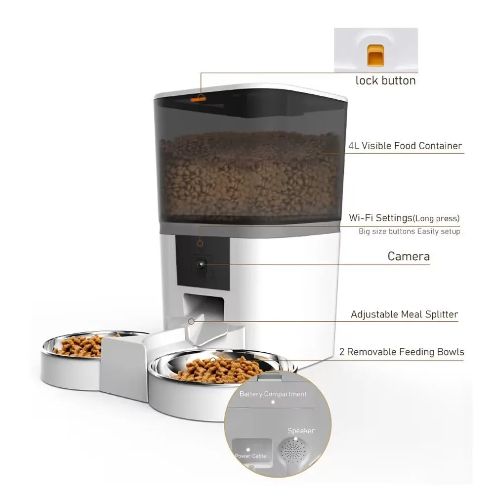 4L Automatic Cat Feeder, Configure smart feeder settings using large buttons and Wi-Fi.