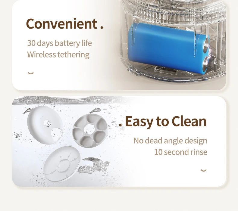 ROJECO 6 Meals Automatic Pet Feeder, Wireless earbuds with long battery life, seamless connection, and quick cleaning.