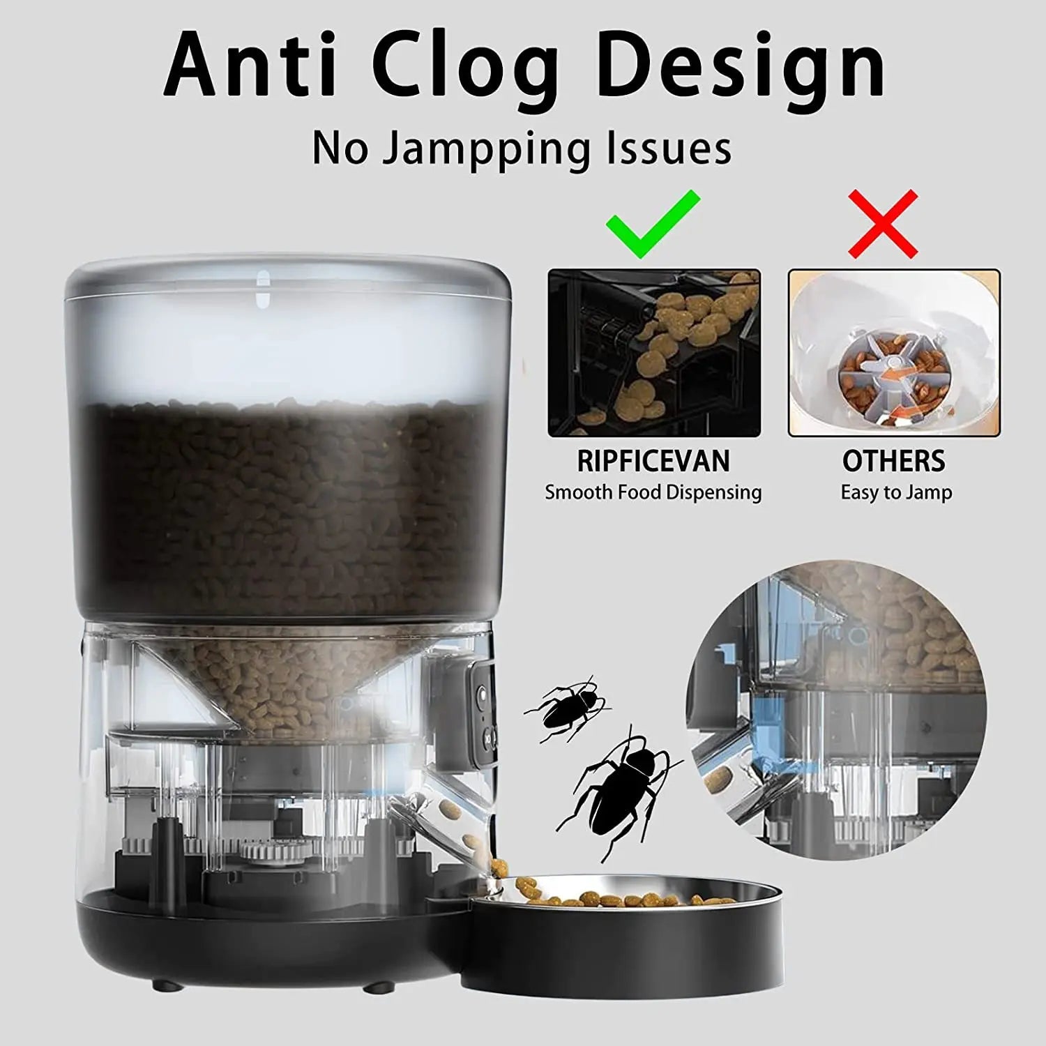 Tuya Smart WiFi 4L Pet Feeder, Anti-clog design prevents jamming, ensuring smooth and continuous pet food dispensing.