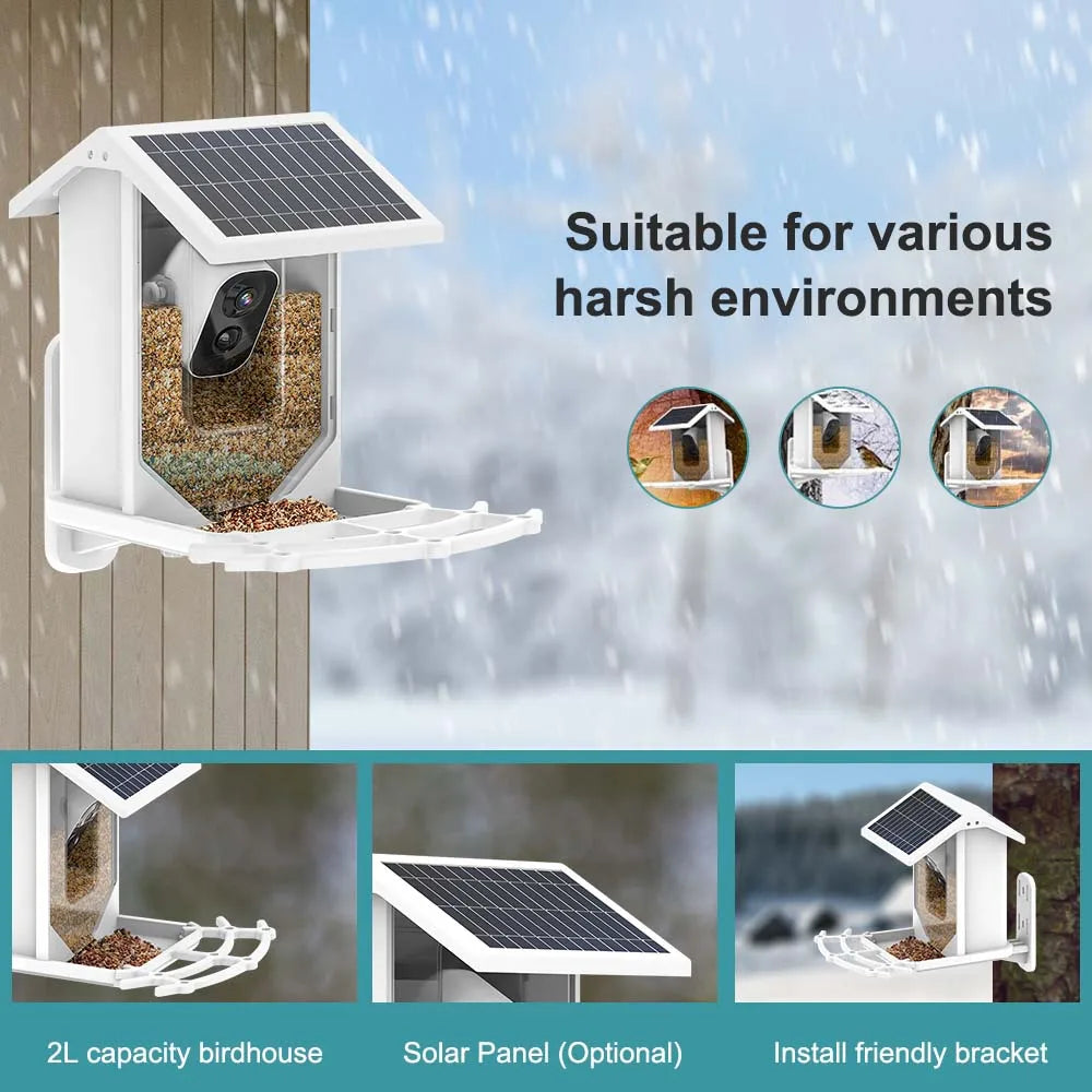 Bird Feeder Video Camera, Outdoor bird feeder with 2L capacity and optional solar-powered installation.