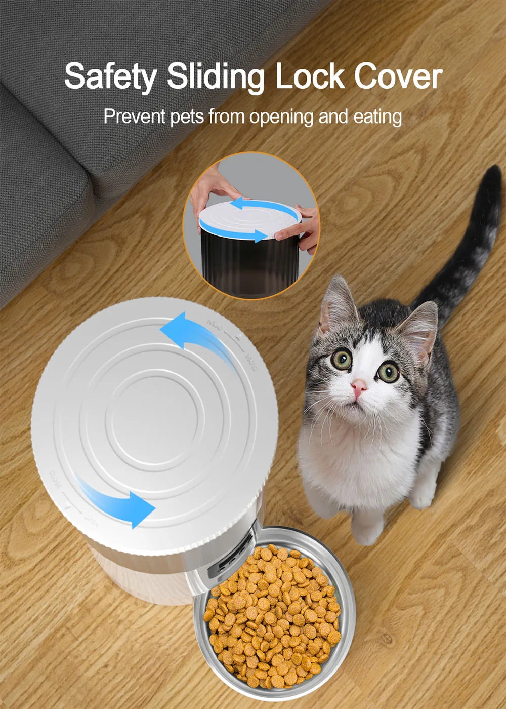 4L Pet Feeder, Secure sliding lock prevents accidental openings and keeps pets from getting into food.