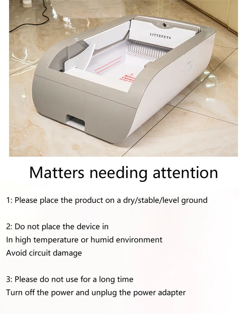 VOFORD Intelligent APP Cat Litter Box, Use cat litter box on dry, stable surface; avoid heat/humidity; turn off/power down between uses.