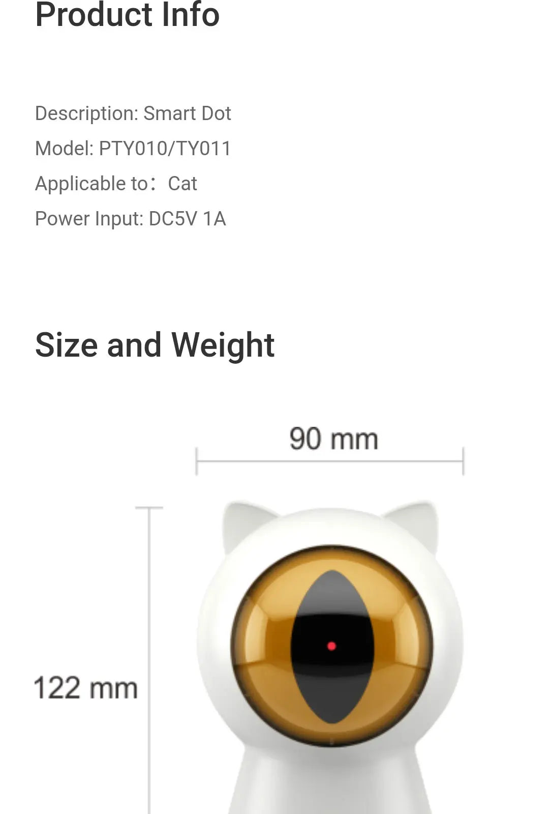 Smart Dot toy for cats, DC-powered, measures 9cm x 12cm.