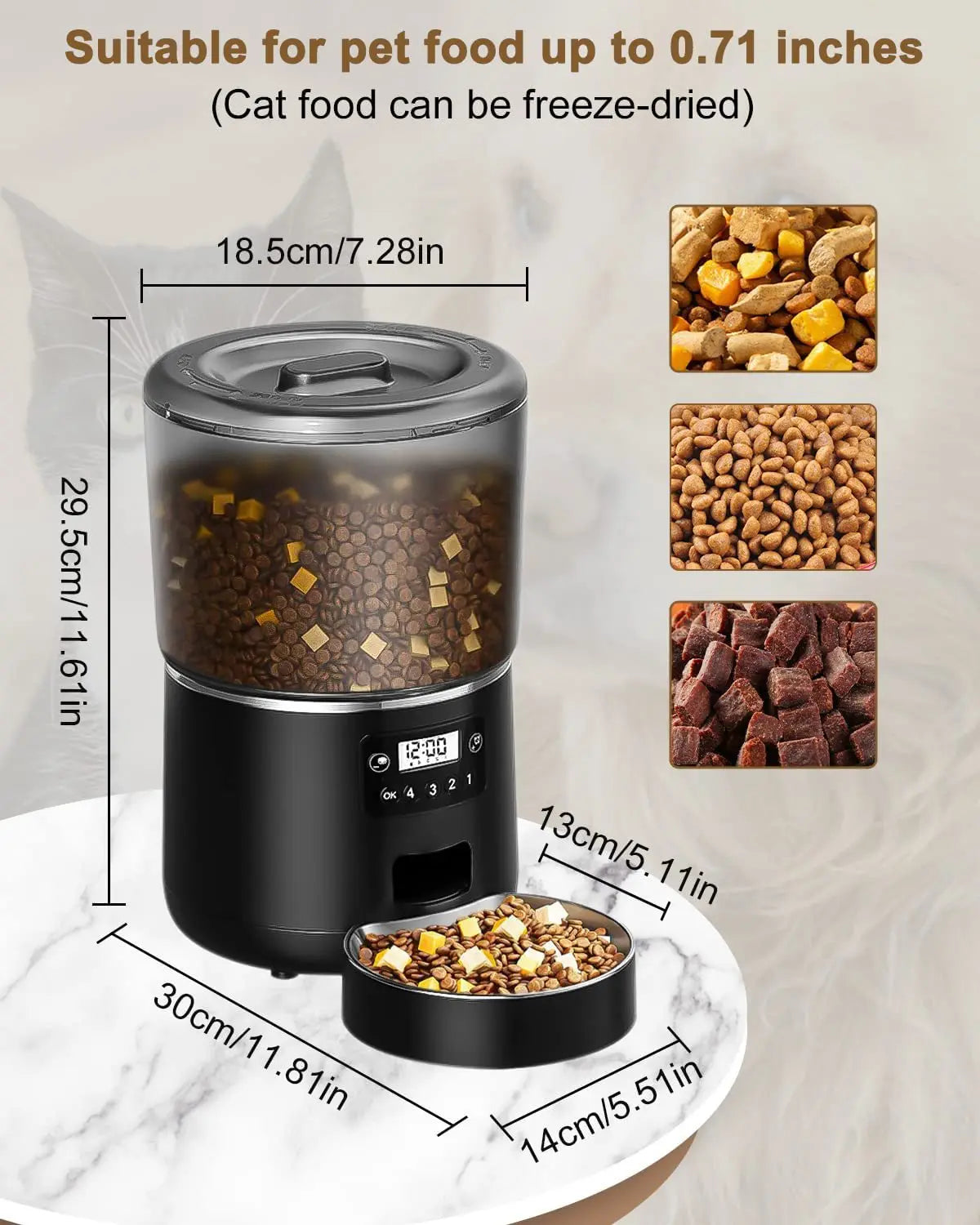 Tuya Smart WiFi 4L Pet Feeder, Pet feeder holds 0.71-inch diameter food; ideal for small to medium-sized pets, including cats and dogs.