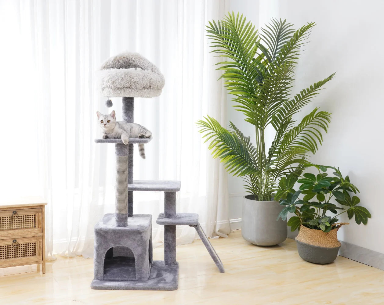 Catry 4-Level Grey Cat Tree, Modern grey cat tree design adds a stylish touch to home decor.