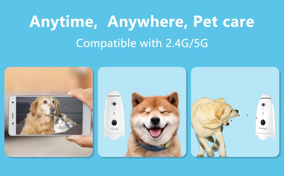 Smart 1080p Dog Camera, Monitor your pet anytime, anywhere, compatible with 2.4GHz and 5GHz WiFi networks.