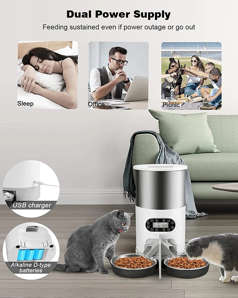 3L Automatic Cat Feeder, Reliable feeding during outages or on-the-go with dual power source: USB charger and alkaline battery.