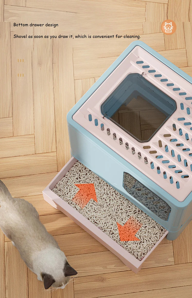 VOFORD Front Entry Top Exit Cat Litter Box, Features a bottom drawer that opens automatically when you lift it, making cleaning easy and convenient.