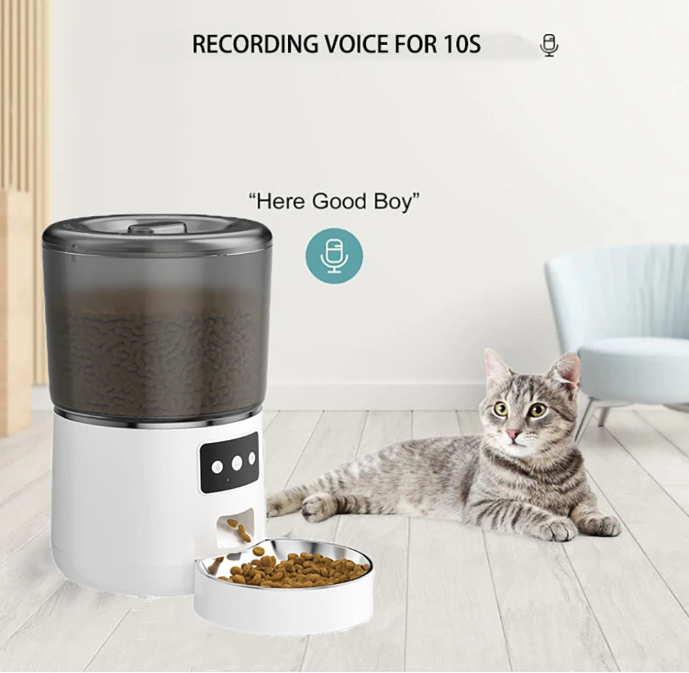 4L Automatic Cat Feeder, Recorded voice announces 'Good boy!' for 10 seconds.