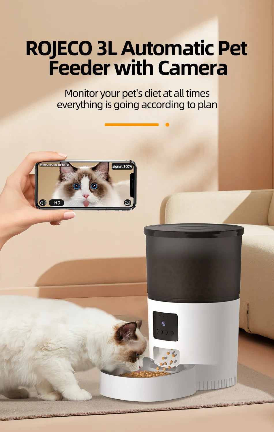 ROJECO Automatic Cat Feeder, Real-time pet feeding monitoring with camera and remote control.