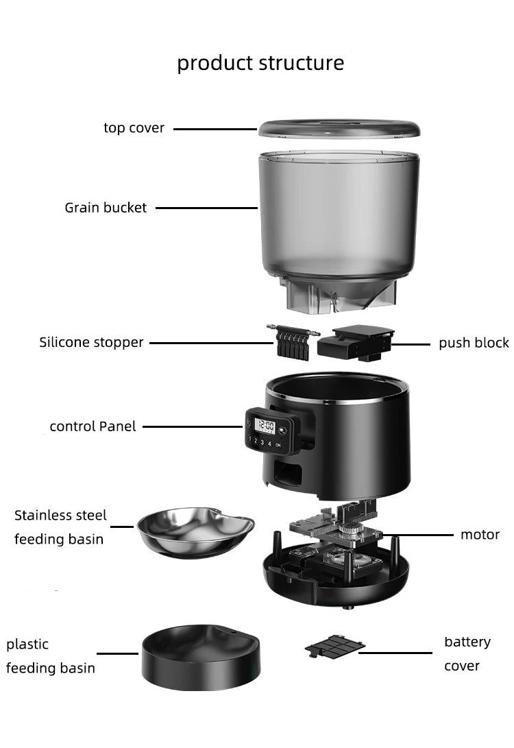 Tuya Smart WiFi 4L Pet Feeder, Stainless steel feeder with removable grain bucket, rechargeable battery, and control panel.