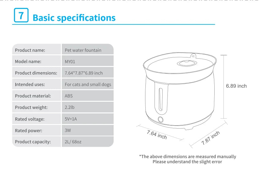 2L Cat Water Fountain, Wireless smart water fountain for cats, 2L capacity with auto filter and recirculating filtration system.