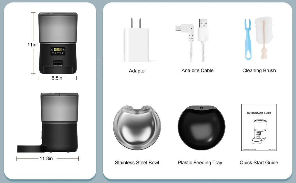 4L Automatic Cat Feeder, Stainless steel pet bowl with feeding tray and accessories for easy use.