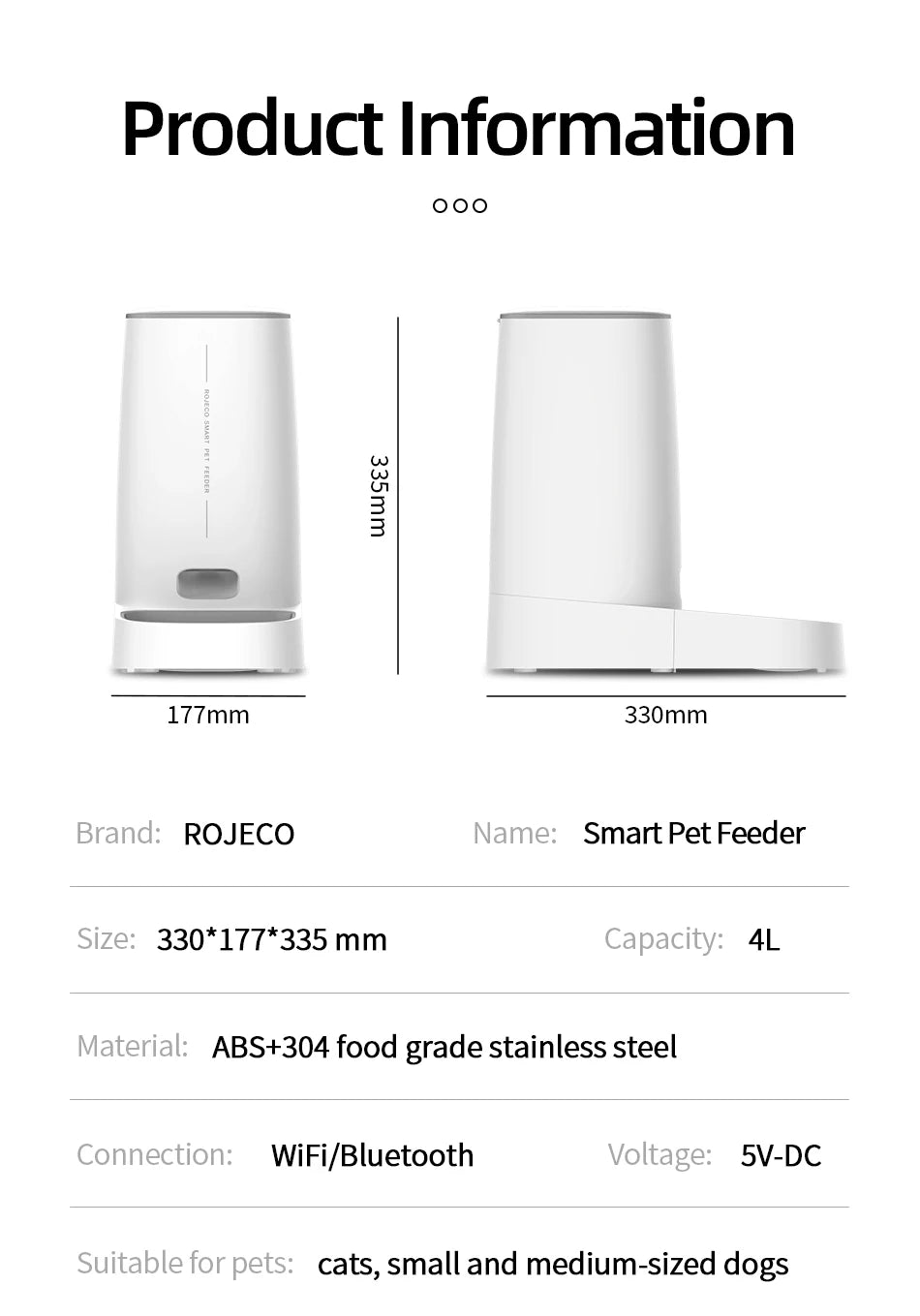 ROJECO 4L Automatic Cat Feeder, Smart pet feeder for cats and small dogs, with 4L capacity and wireless connectivity.