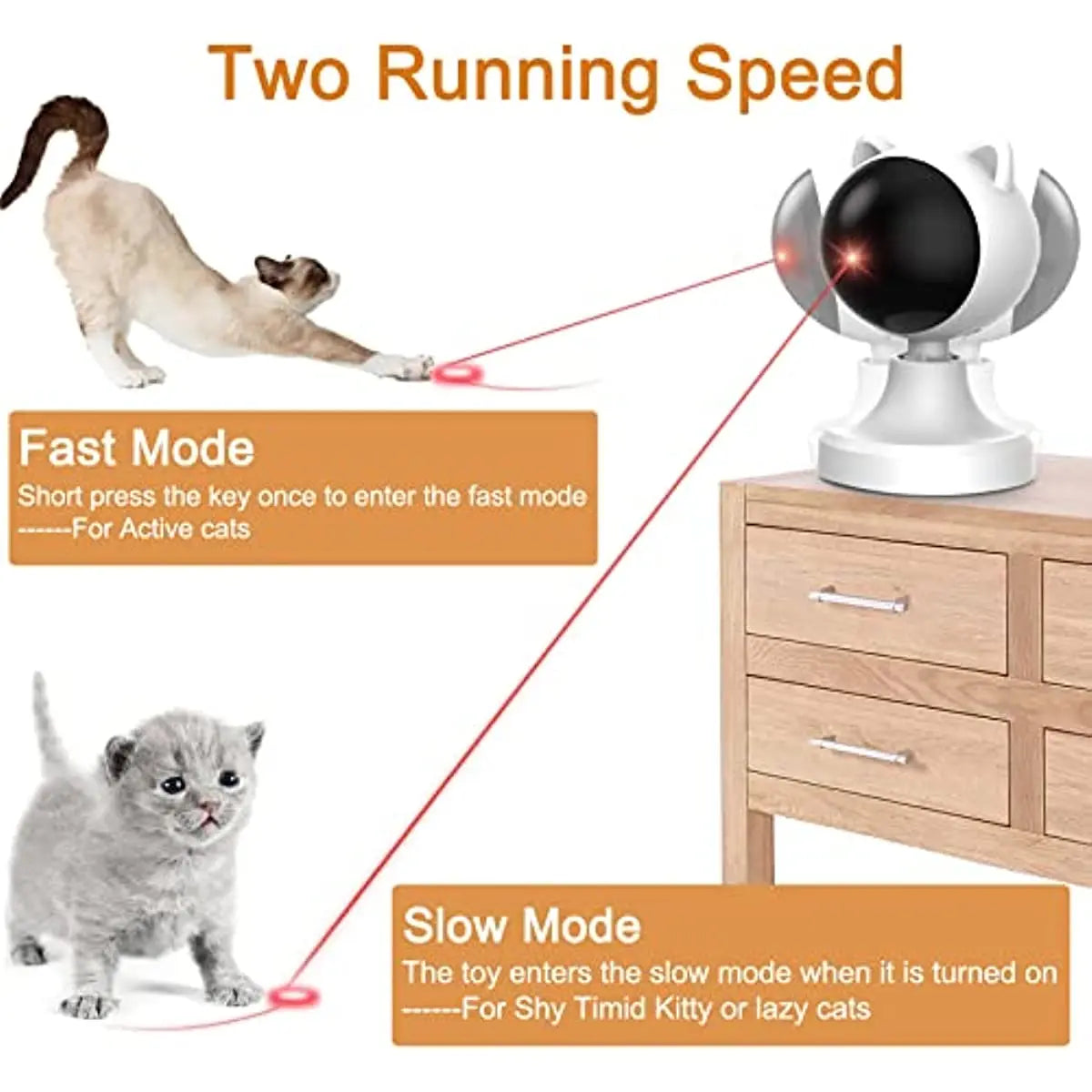 Fast and slow running modes for cats, great for active or shy/lazy felines.