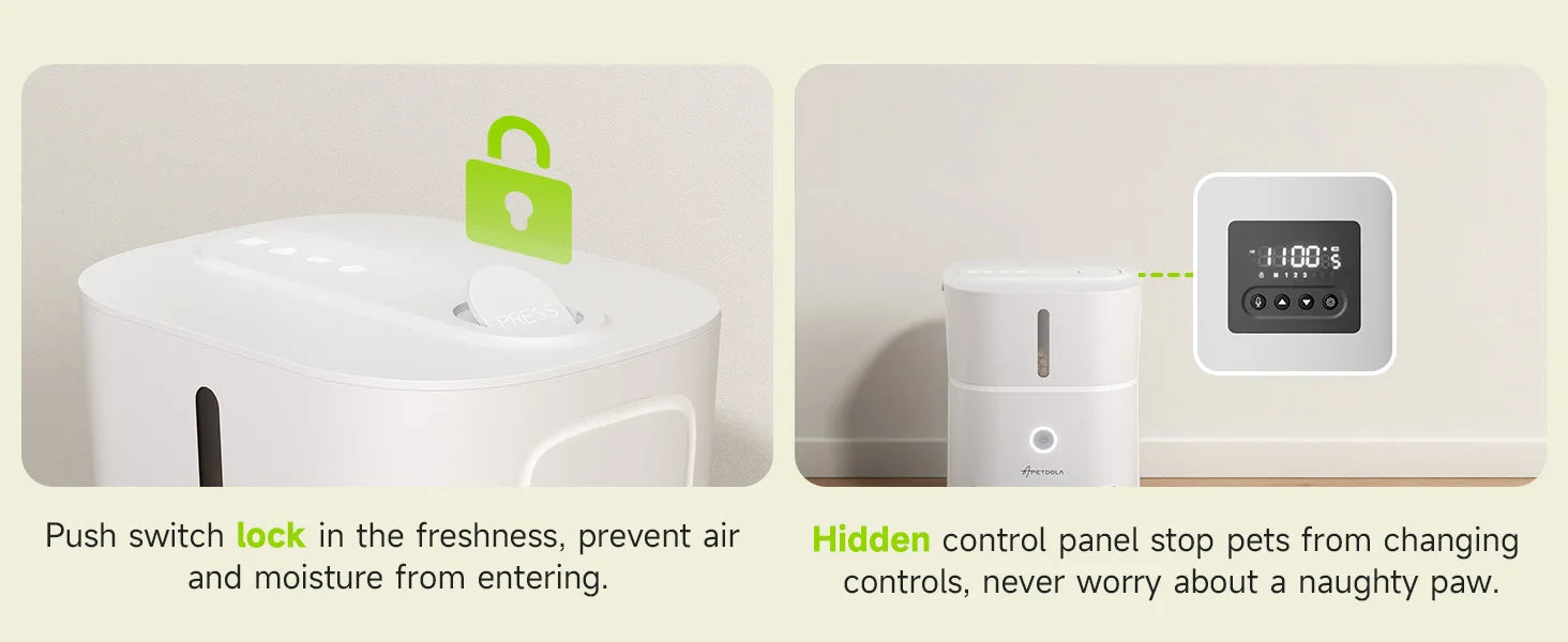 APETDOLA 3L Automatic Cat Food Dispenser, Sleek design keeps food fresh by blocking air and moisture; secure lock prevents pets from tampering.