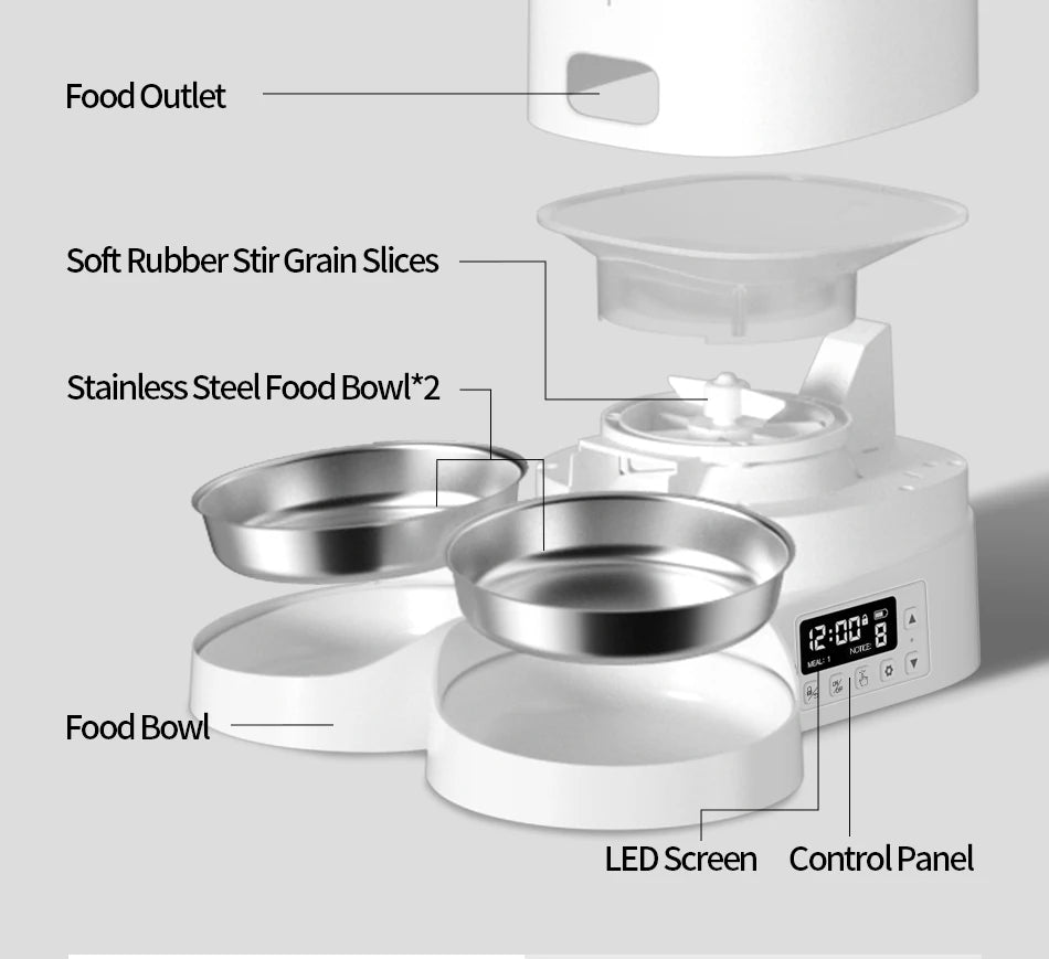 ROJECO 4L Automatic Pet Feeder, Smart pet feeder with soft rubber outlet, stainless steel slicing, and LED screen controls.